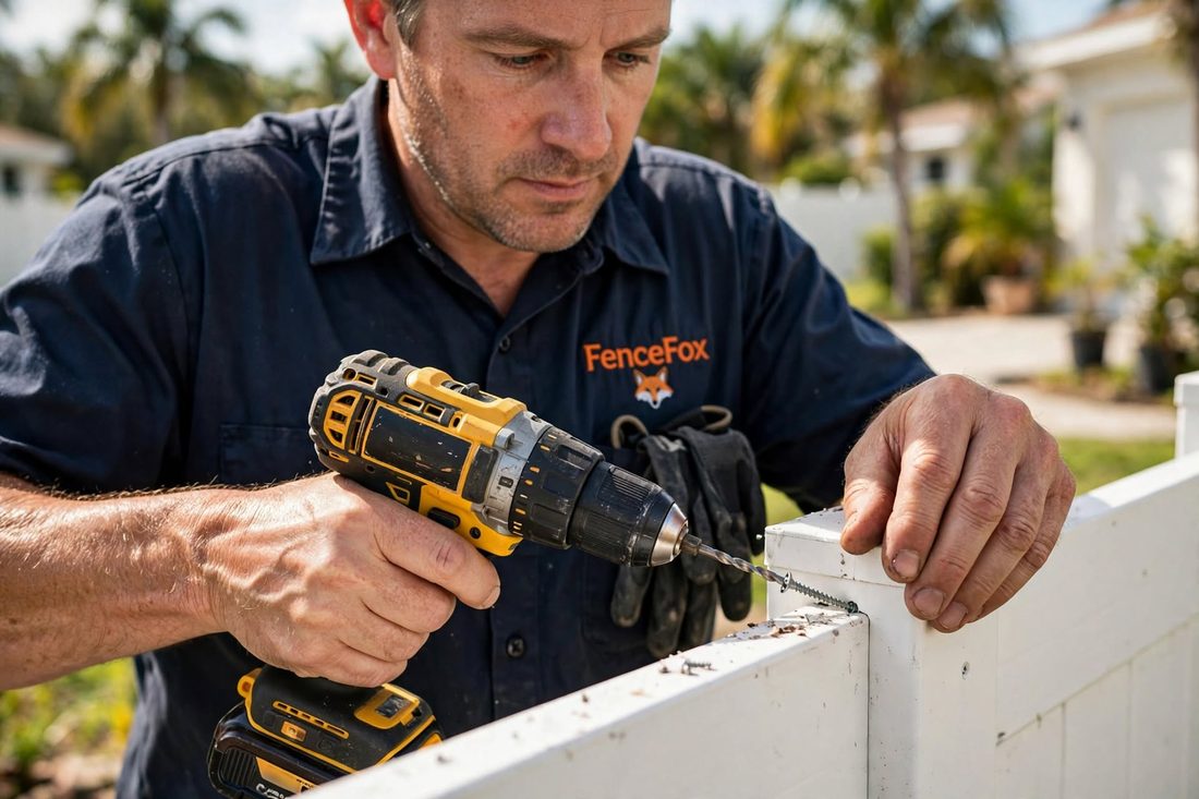 FenceFox installer securing a vinyl fence panel
