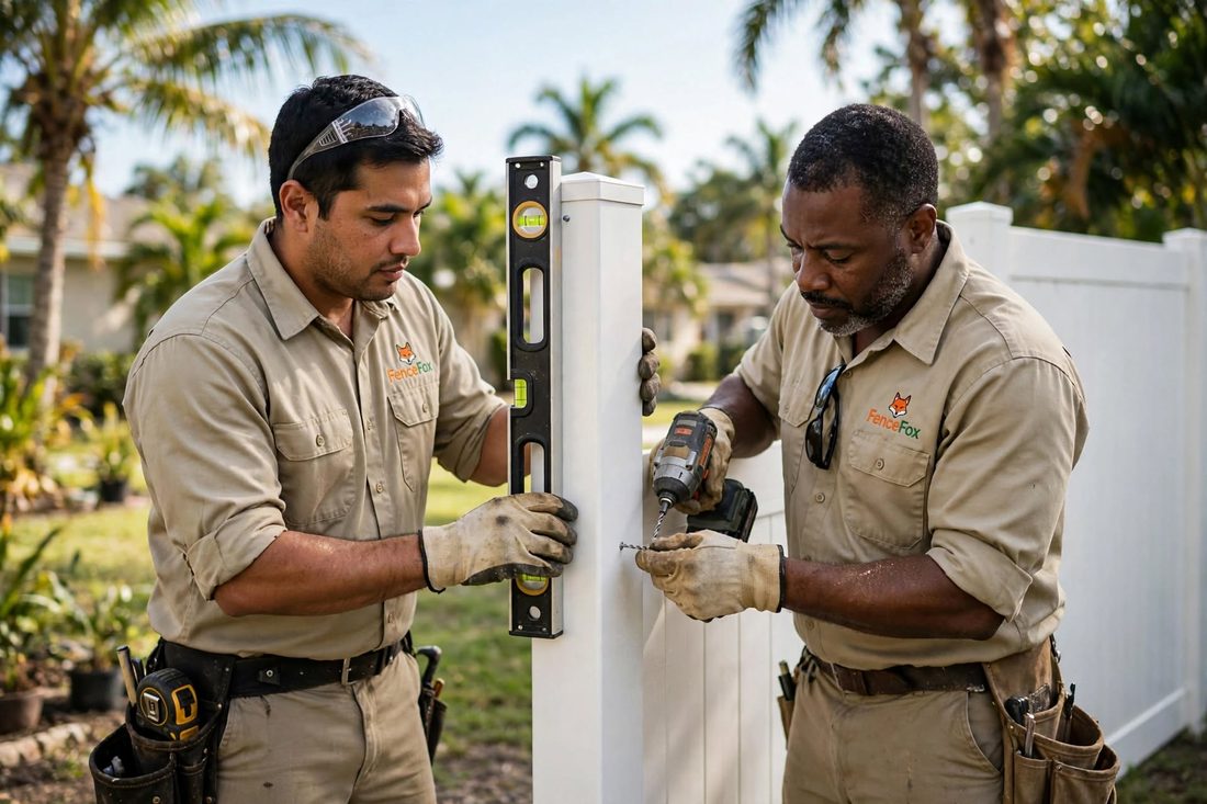 FenceFox crew installing a white vinyl residential fence